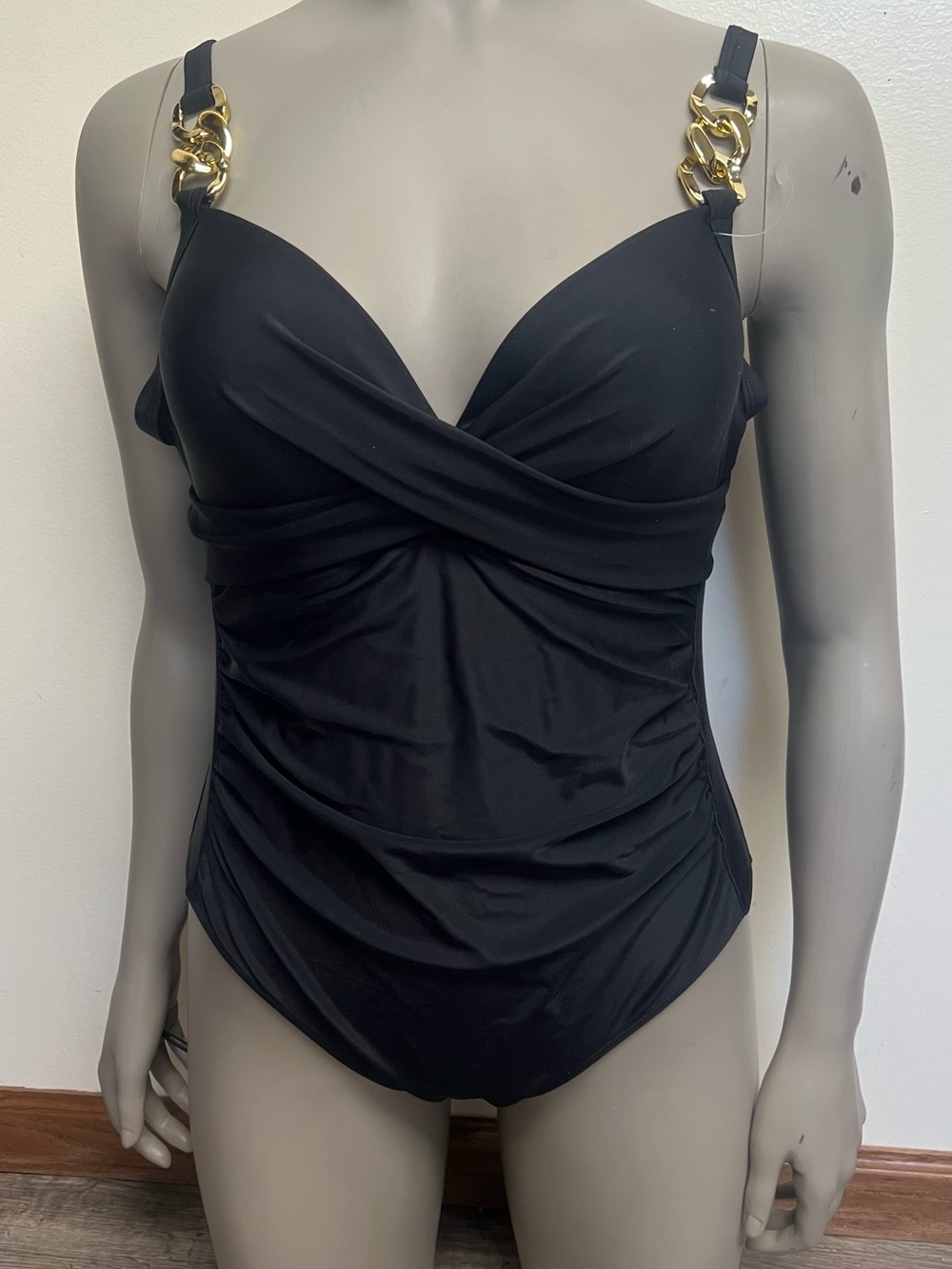 Black Ruched One-Piece Swimsuit with Gold Chain Straps